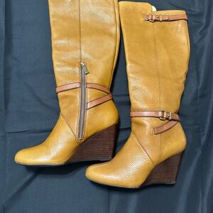 Coach Tan Leather Adair Wedge Knee-High Boots